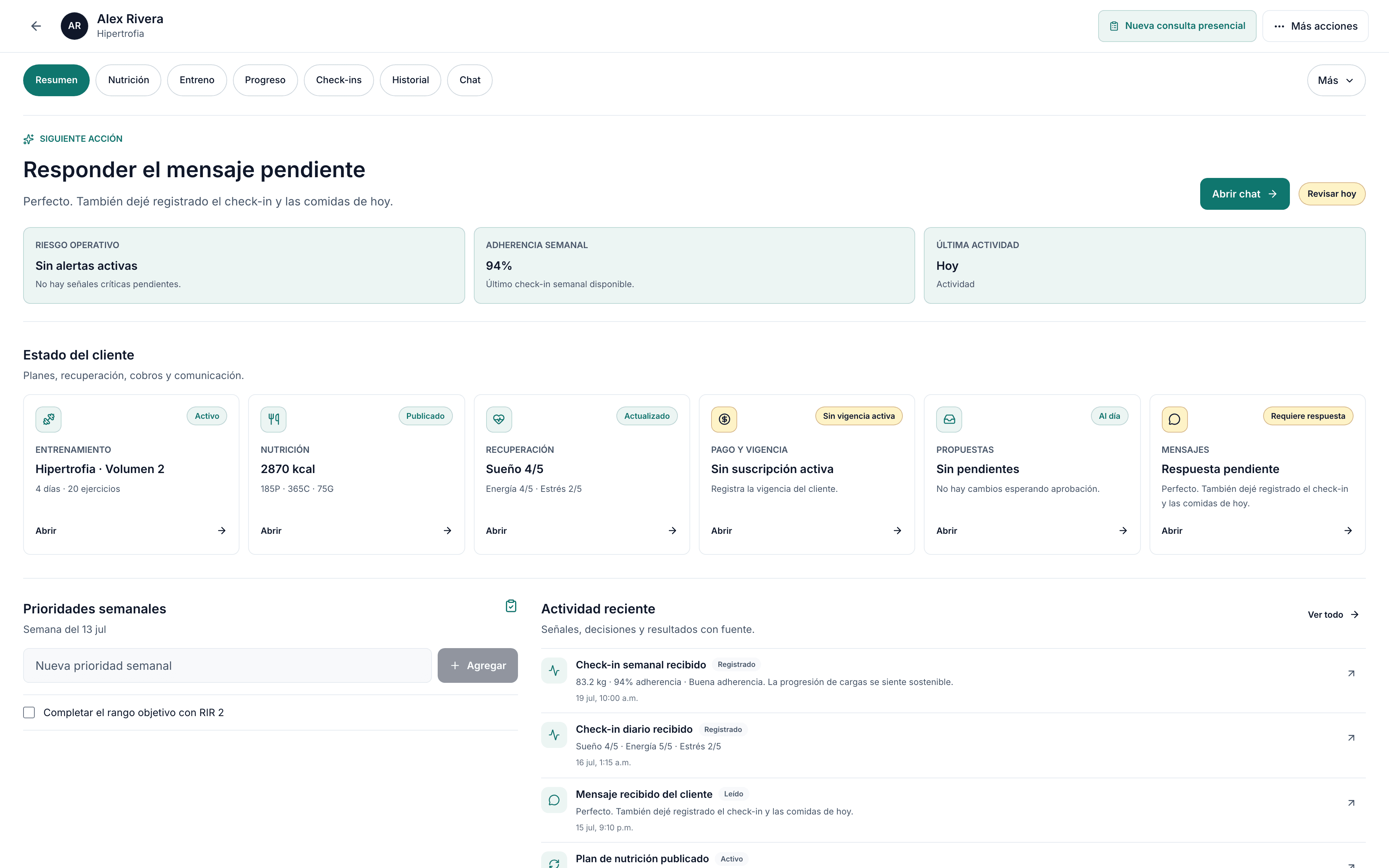 Cliente 360 real de GRÝND con próxima acción, recuperación y prioridades semanales
